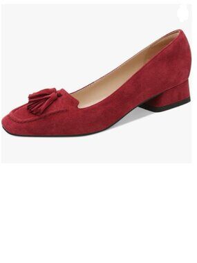 YDN Red Block Low Heel Loafer Square Toe Tassel Fringe Pump Slip On Dress Shoes